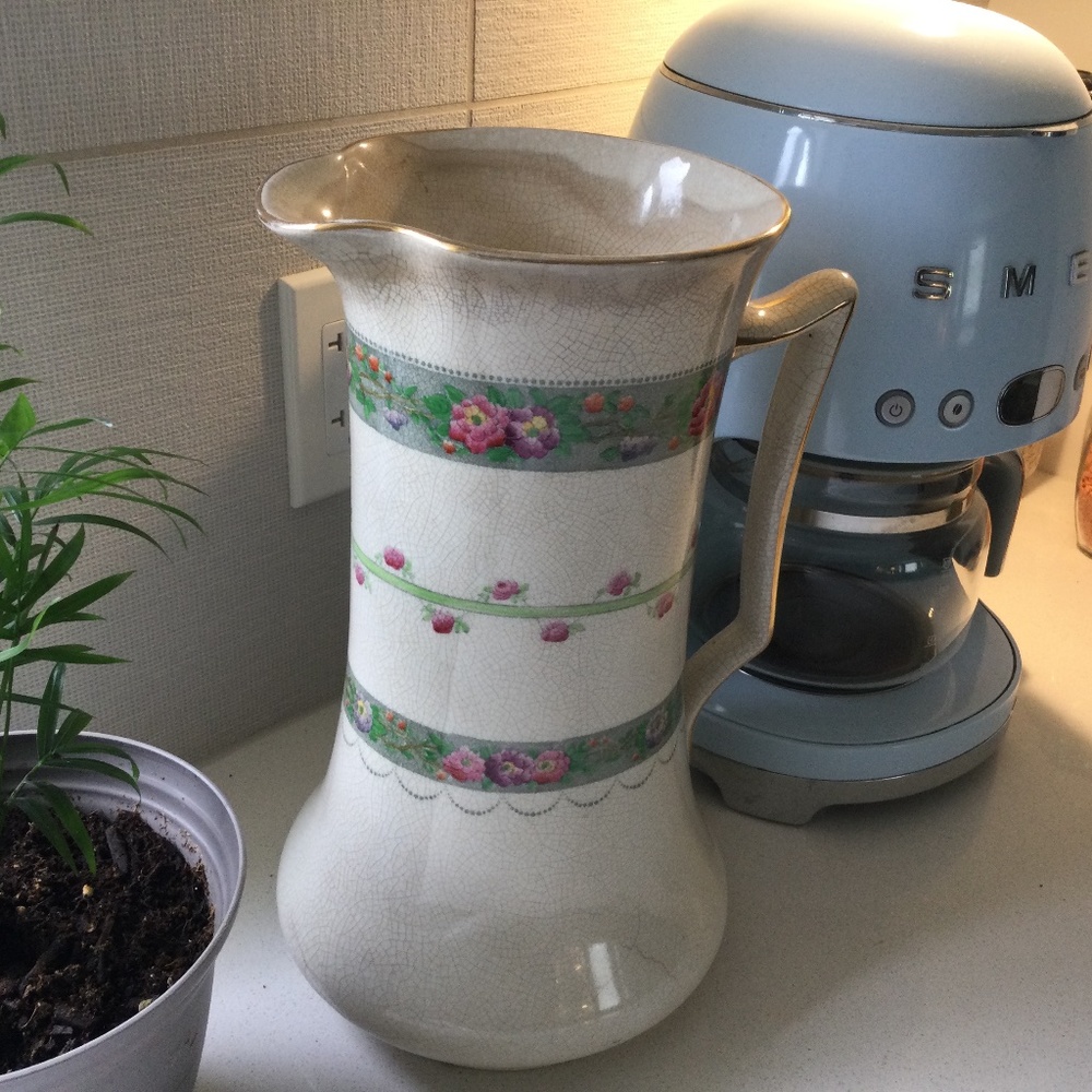 Beautiful large ANTIQUE HAND PAINTED PORCELAIN PITCHER  GOLD TRIM